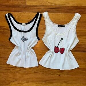 Lot of 2 White Graphic Tanks Retro Fruit Classic Car Preppy Twee Casual SIze S